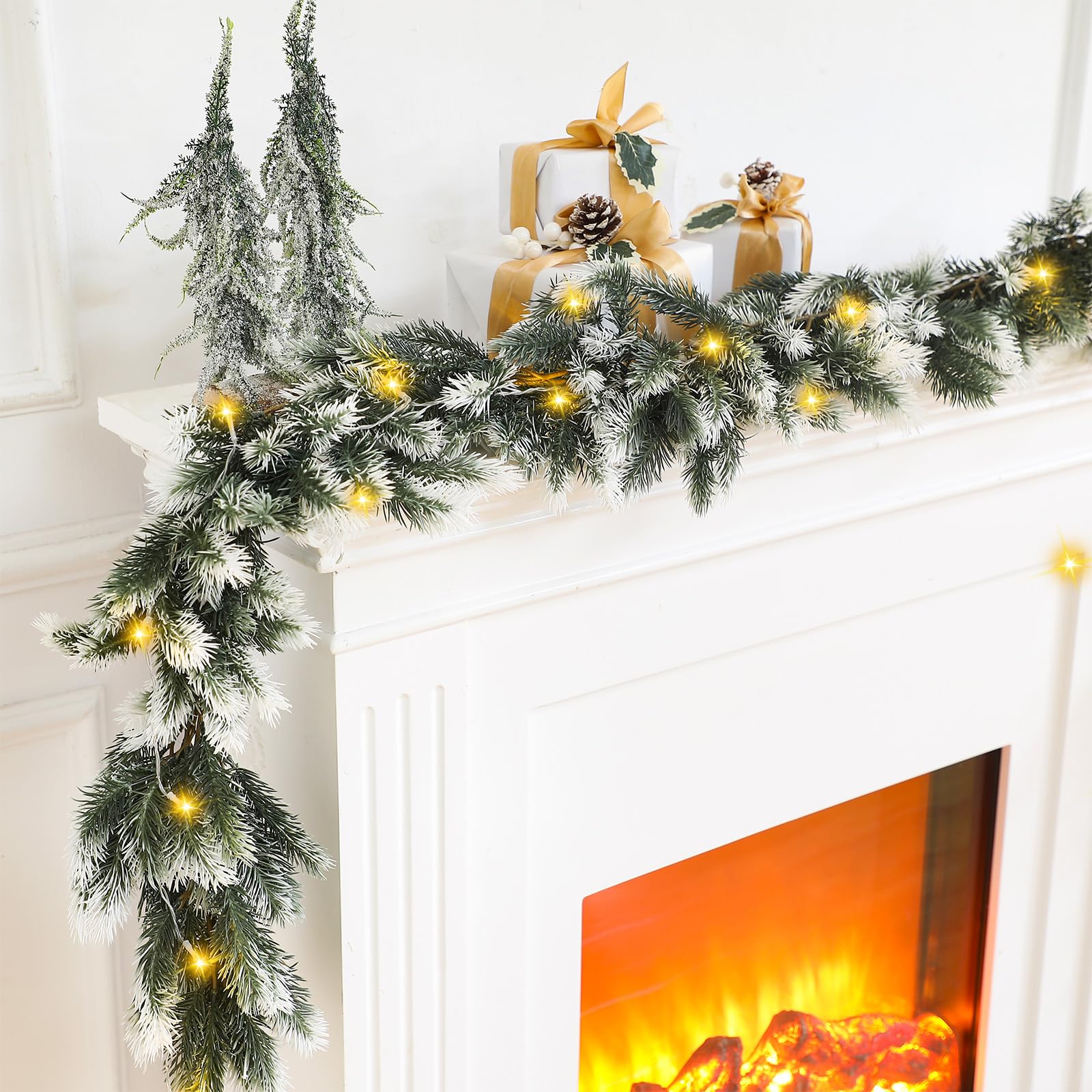Chuangdi Lot de 6 guirlandes de Noël floquées de neige artificielles avec lumières - Guirlande de pin de cèdre blanche pour cheminée, table, porte d'entrée, décoration d'escalier (lot de 6, LED blanc