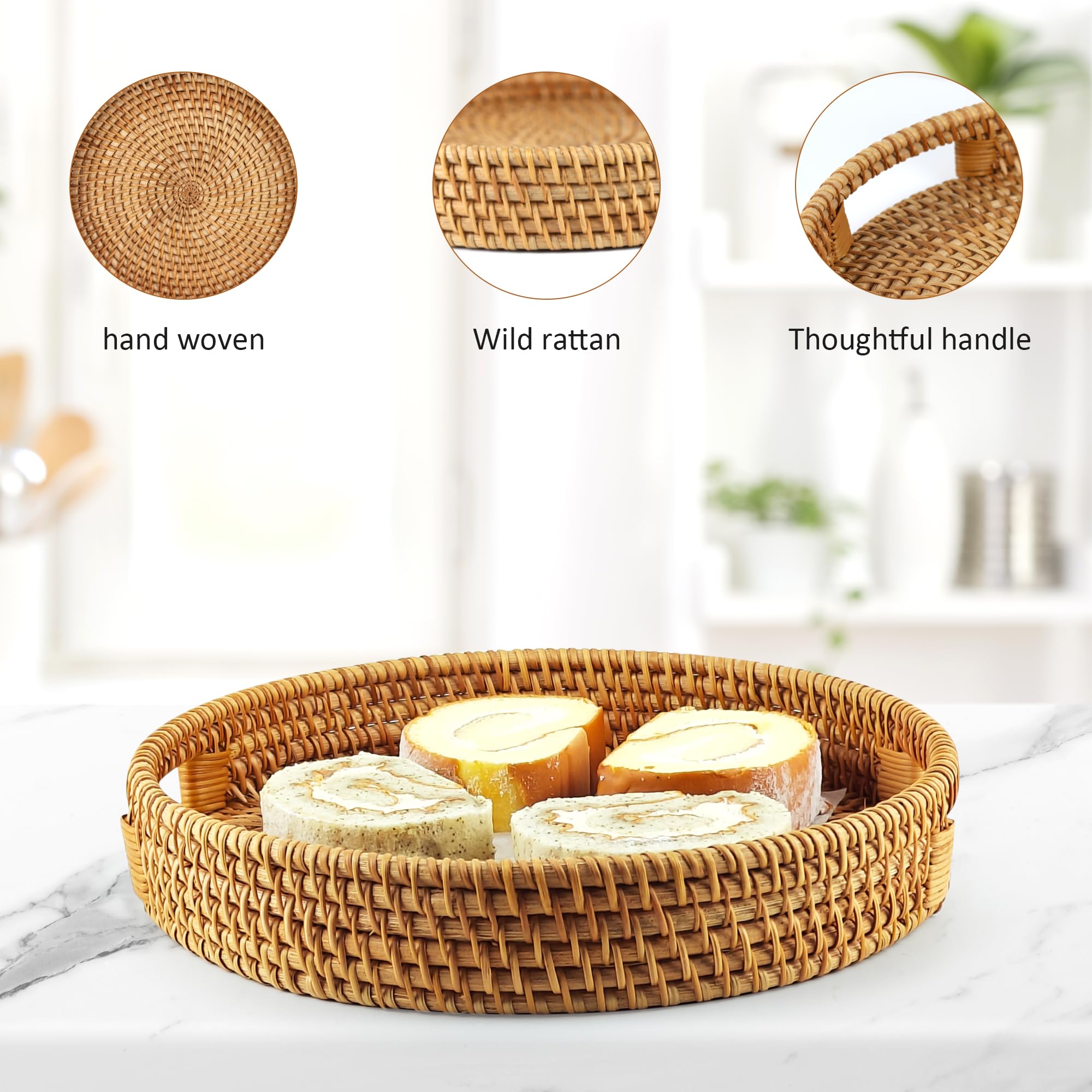 WENLISELL Wicker Serving Tray Round, 30cm Rattan Serving Tray Basket with Handles - Image 3