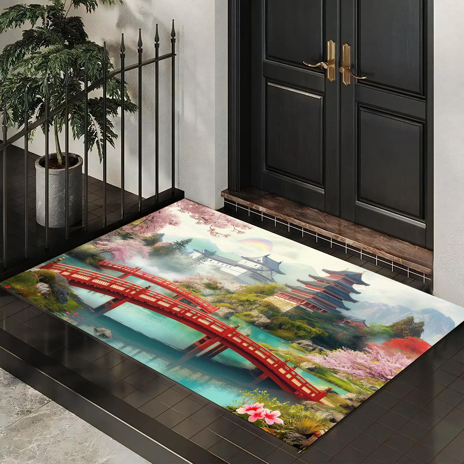 Paillassons pour entrée 60x120 cm Tapis de Porte Jardin Japonais Interieur Tapis Fleurs Cerisier En Pleine Floraison Antidérapant Absorbant, Facile à Nettoyer pour Couloir Chambre Cuisine, Rose