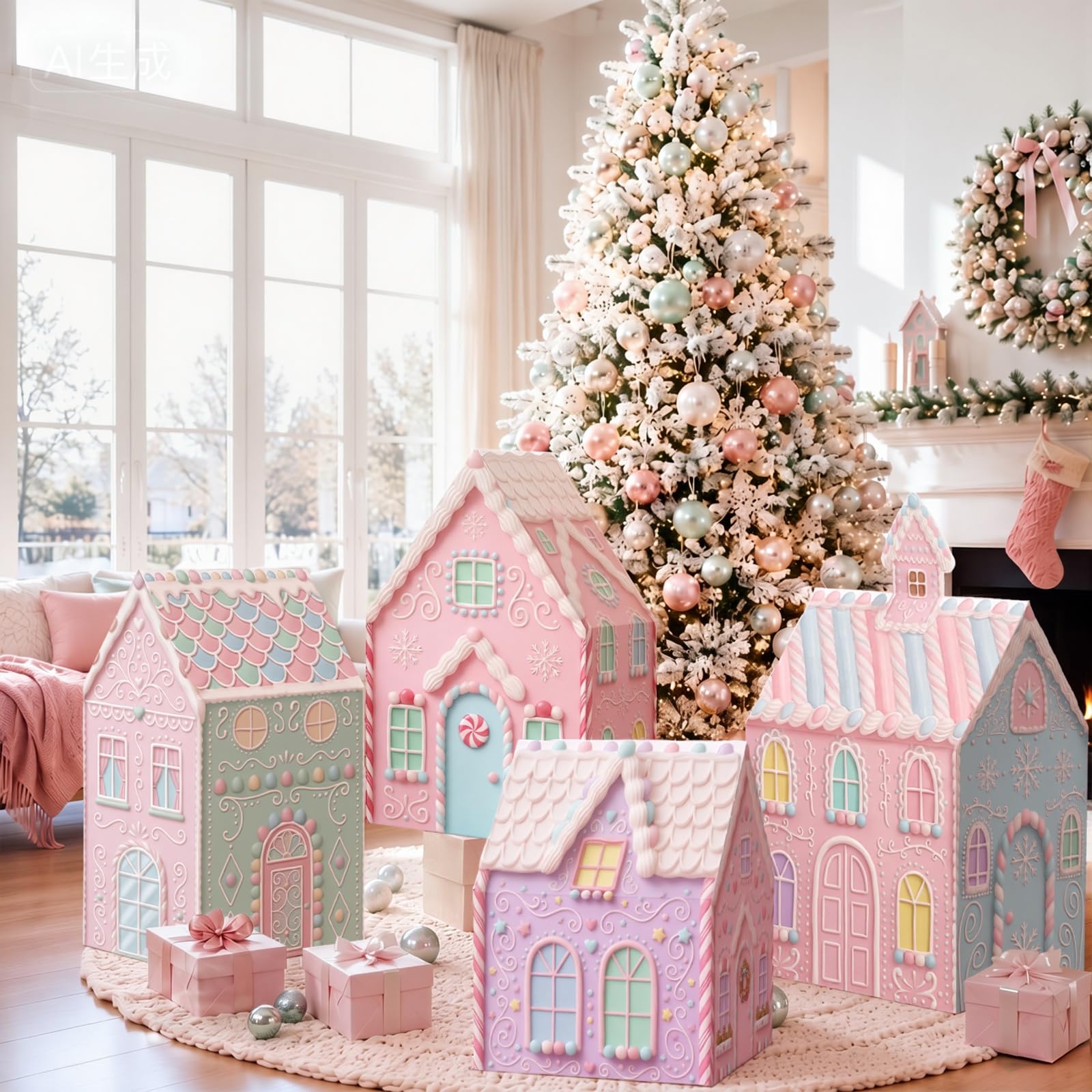 Geelin 4 Pcs Large Cardboard Gingerbread House Set 16 20 24 Inches, Pastel | Pink Gingerbread Christmas Decor Stand up Cardboard Cutout for Indoor Displays, Xmas Village Scene Decor for Winter Landscape