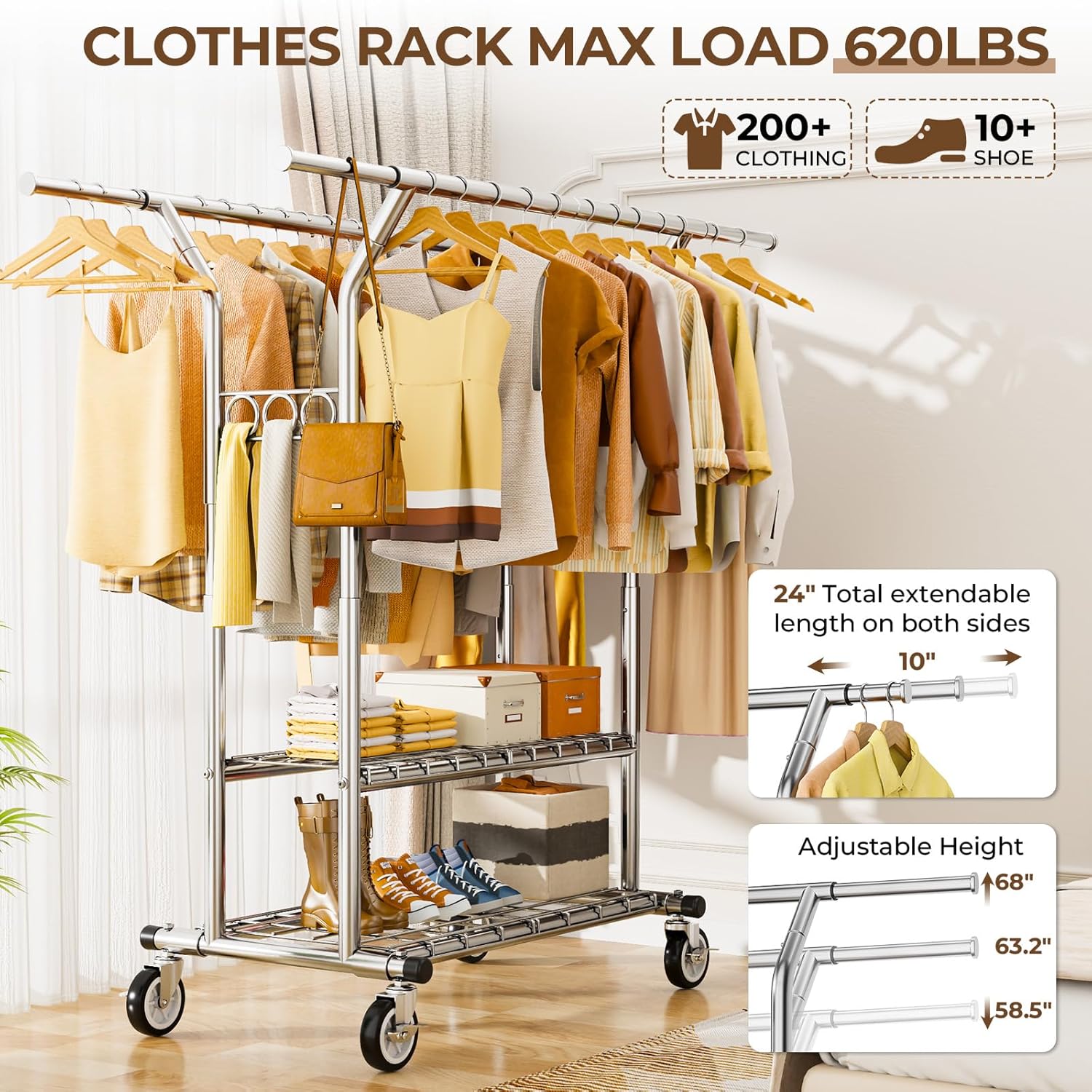 Image showing the clothes rack's maximum load capacity of 620 lbs for clothing and shoes, along with extendable and adjustable features.