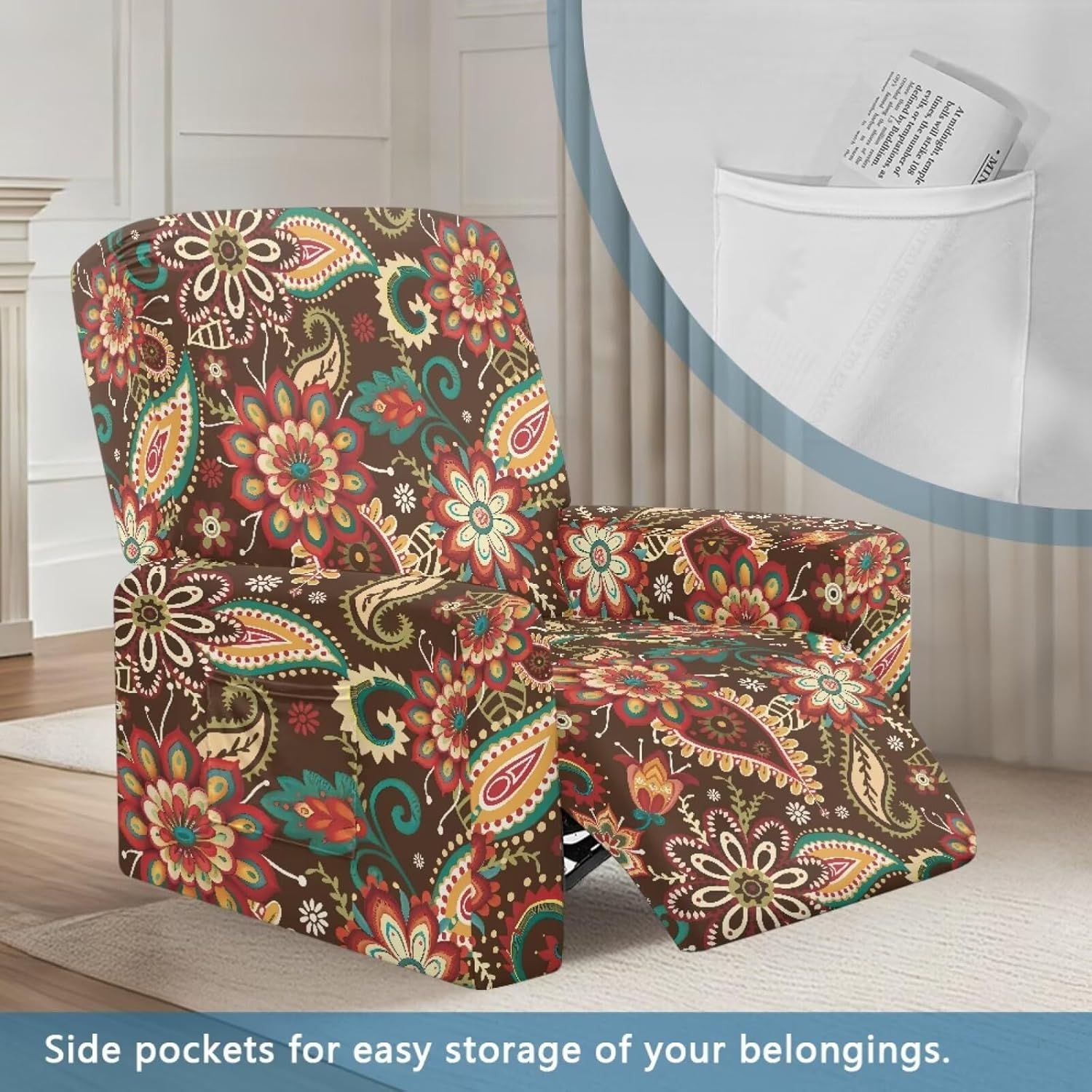 Xoenoiee Bohemian Mandala Paisley Flower 4 Piece Recliner Chair Cover Stretch Lazy Boy Chair Covers with Pockets Soft Reclining Sofa Slipcovers Furniture Protector with Elastic Bottom
