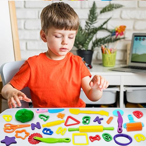 Miniatura 5 de Dough Tools - Juego de 55 herramientas de juego de masa para niños, cortador de formas de números de alfabeto de plástico, rodillos, tijeras