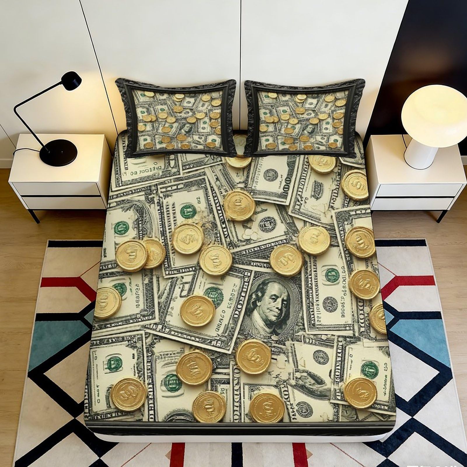 3D Printed Money Coin Fitted Sheet Microfiber Deep Pocket Non-Slip Bedroom Bedding Money Coin Mattress Fitted Cover Washable for Adults 90x200x25cm
