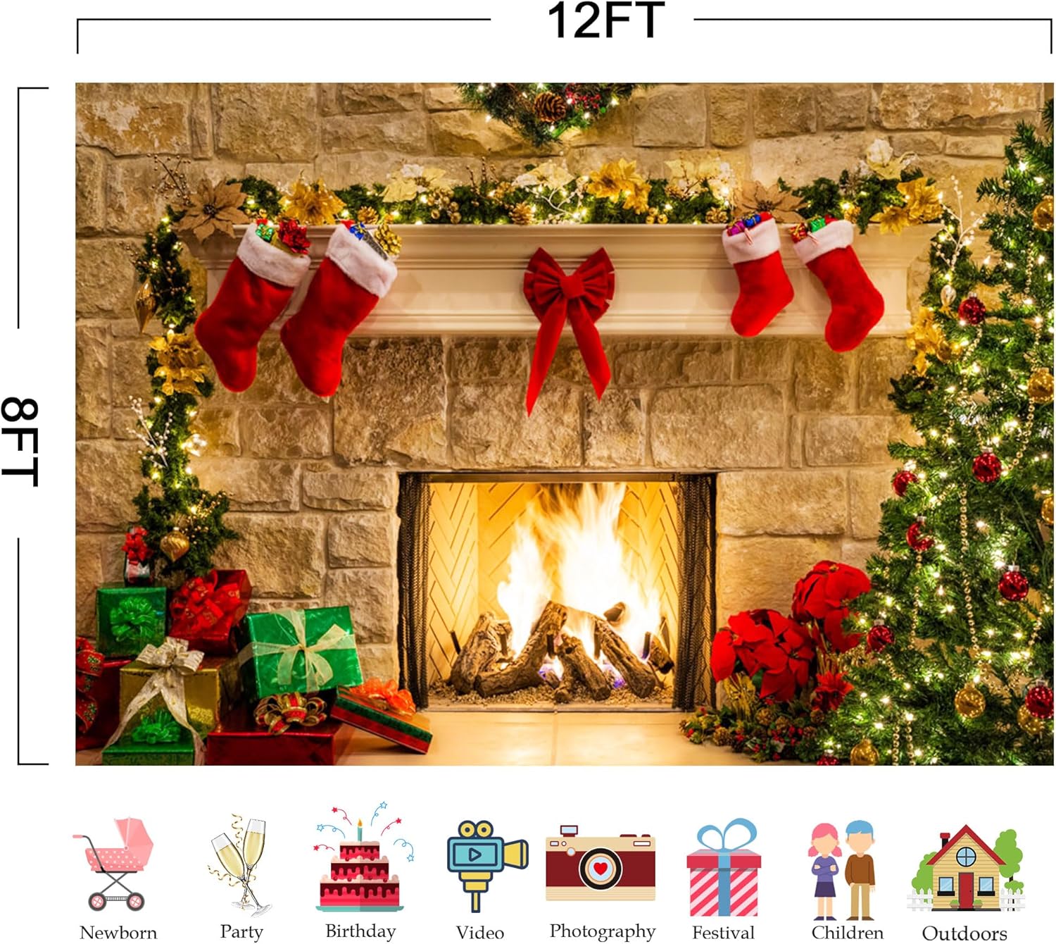 12x8ft Christmas Fireplace Theme Backdrop for Photography Soft Wrinkle Free Fabric Tree Sock Decorations for Xmas Party Supplies Photo Background Pictures Banner Studio Decor Booth Props