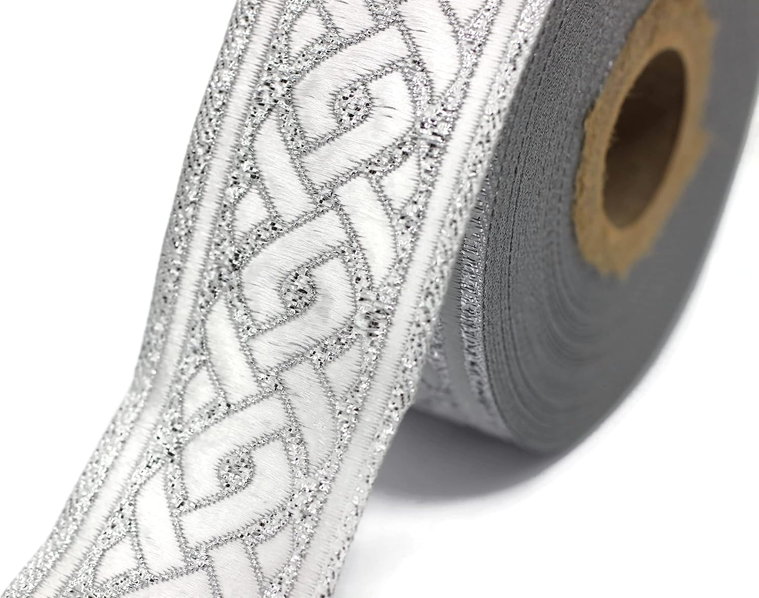 11 Yard Spool 1.37 inches Metallic Silver Celtic Knot Jacquard Ribbon Sewing Trim Upholstery Fabric Costume Drapery Making Trimming 35069