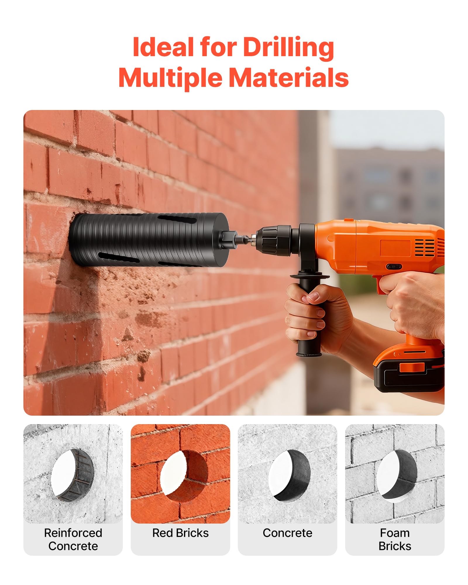 VEVOR Broca de Corona para Perforación en Seco, 102 mm Diámetro, 241 mm Profundidad, Rosca Interna M16, con 3 Adaptadores, Broca Piloto, Llave Hexagonal a Hormigón Armado, Ladrillo y Mampostería