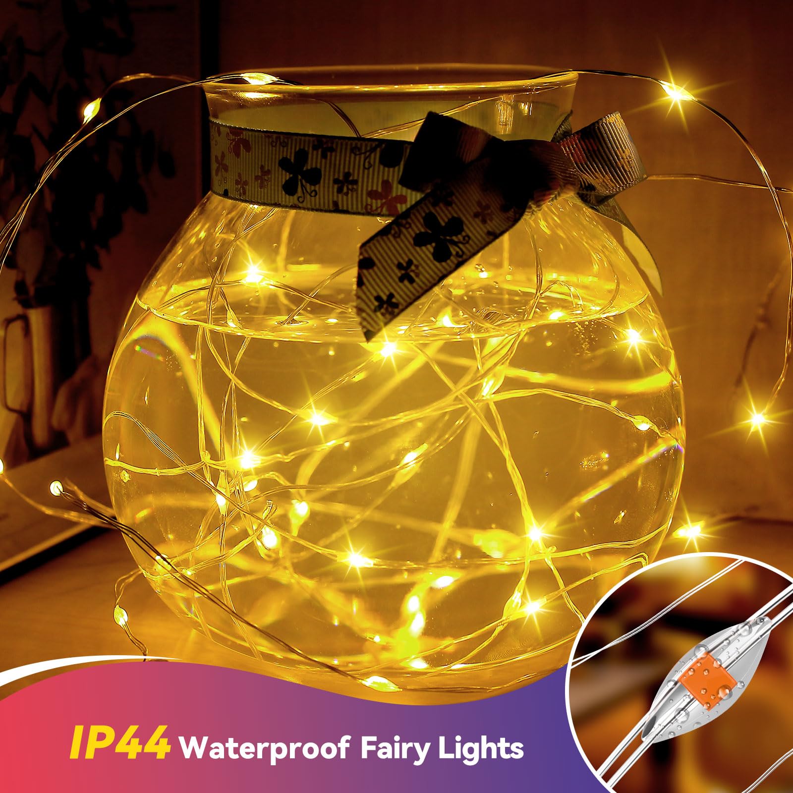 LitHome Confezione da 8 luci bianche calde a batteria, 60 LED, funzionamento a batteria, 2 modalità, impermeabili, per aule interne, camera da letto, decorazioni natalizie e matrimoni
