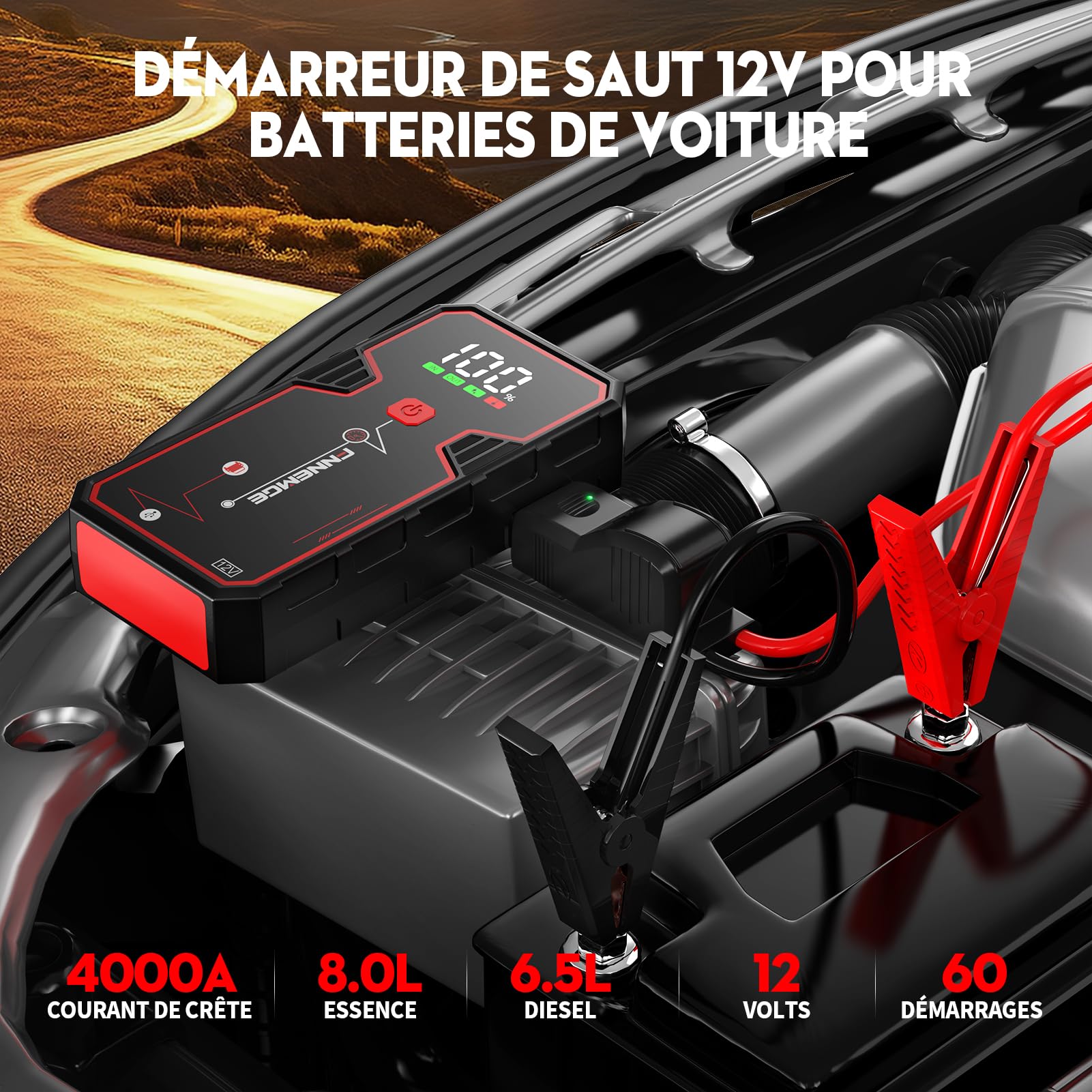 FNNEMGE Booster Batterie, 4000A 21800mAh Portable Jump Starter, Démarrage de Voiture (Jusqu’à 8.0 L Essence 6.5L Gazole), Jump Starter avec Port de Charge USB, lumière LED, HD Écran Large.