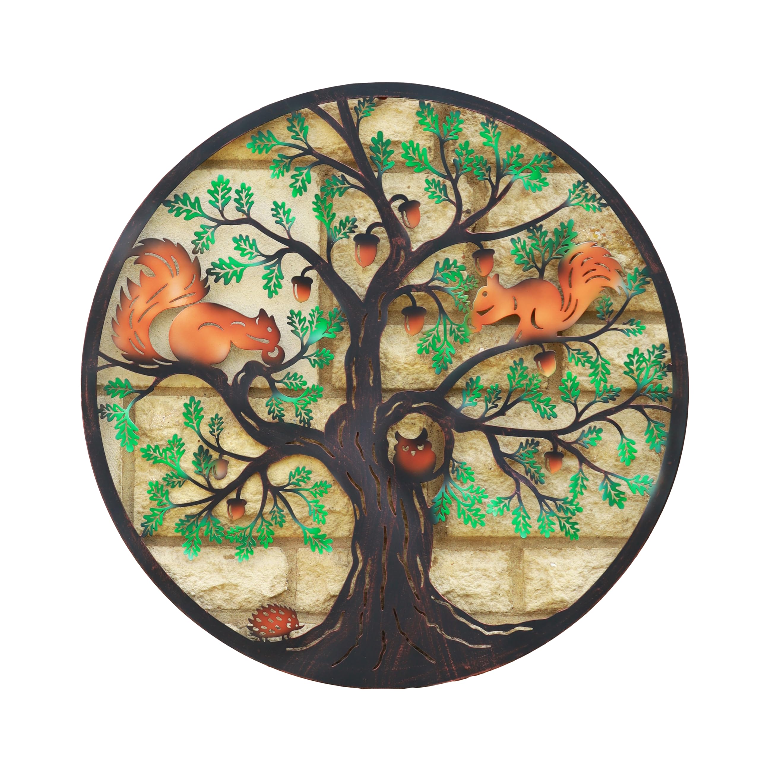 Darthome Multi Coloured Squirrels In Acorn Tree Silhouette Wall Art 60X60cm Colourful Metal Garden Decor Gift