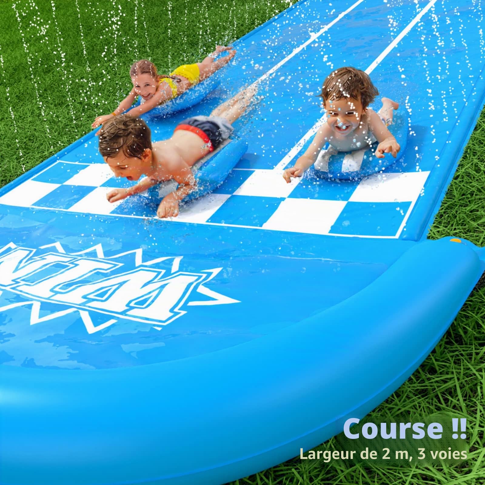 Jasonwell Toboggan aquatique pour pelouse – 6 m – Toboggan aquatique robuste pour enfants et adultes avec arroseur d'éclaboussures N 3 bodyboards arrière-cour été extérieur jouets aquatiques (course à