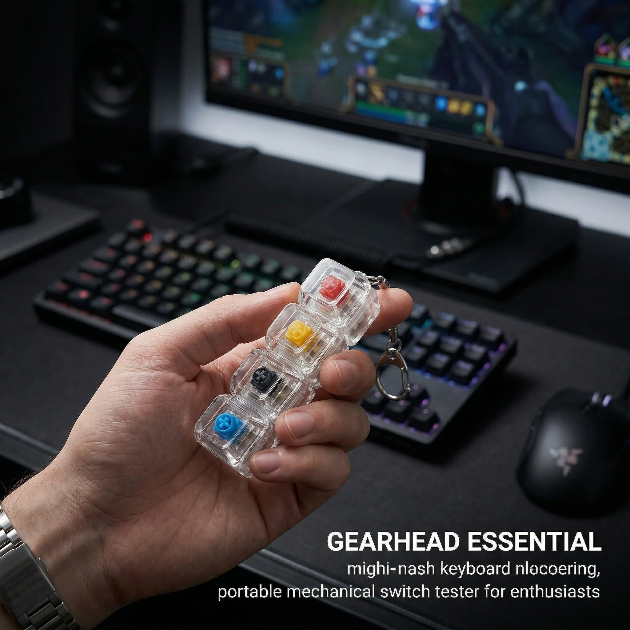 Porte-clés Fidget Clavier Mécanique 4 Switches - Testeur, Anti-stress Transparent, Accessoire Gamer