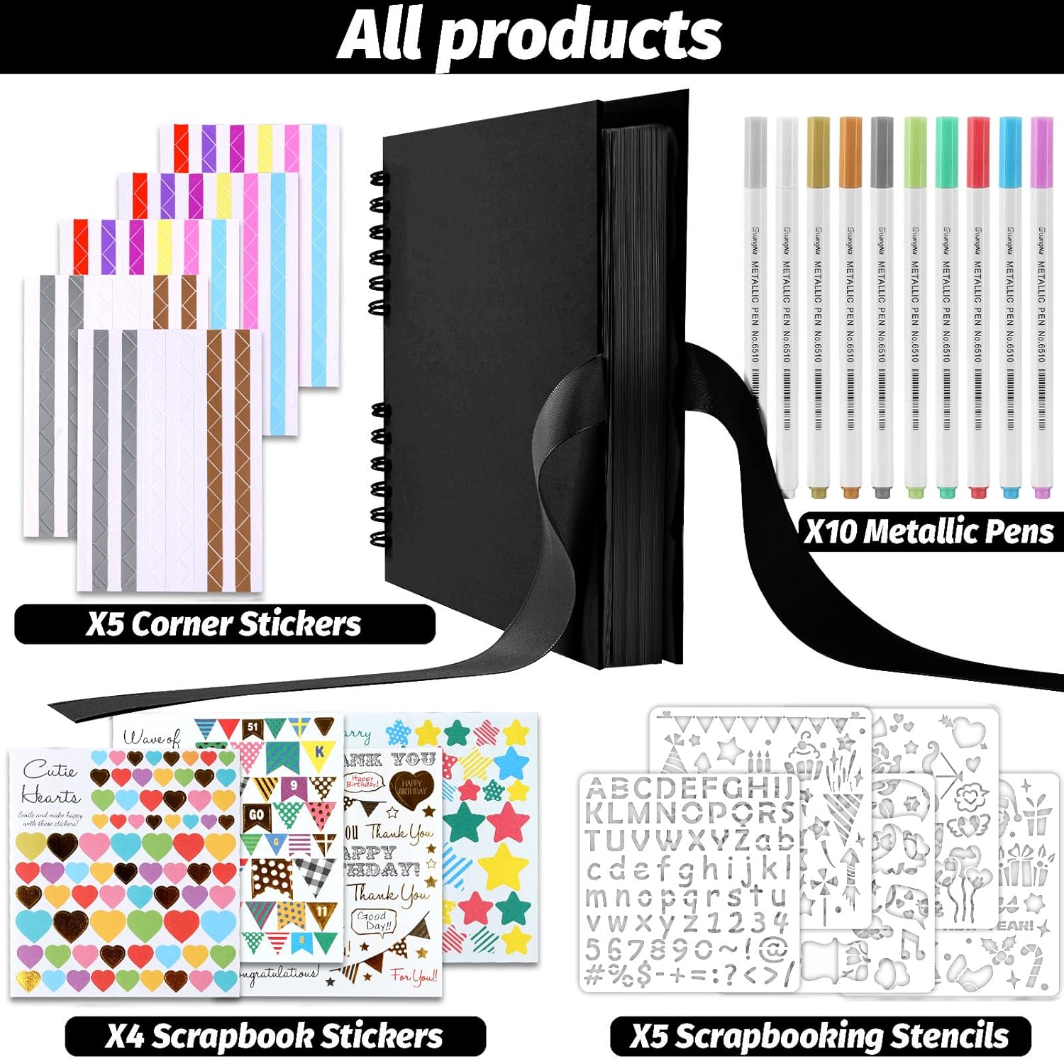 GOTIDEAL 80 Pages Scrapbook Album with 10 Metallic Markers,Craft Paper Photo Album for Wedding and Anniversary, Family DIY Scrapbook Accessories with Scrapbooking Stickers Corners(Black)… - Image 2