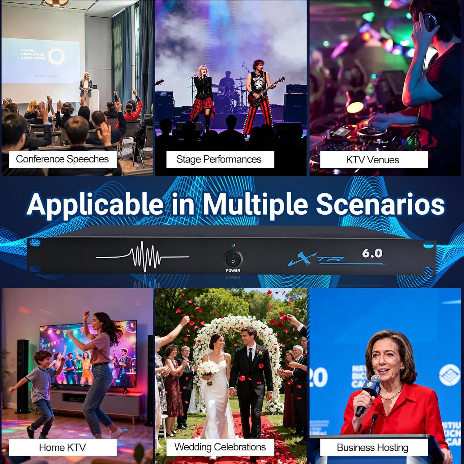 Professional Feedback Suppressor, 6in6out Microphone Anti-Howling Device, Automatic Frequency Shifter for Clear Audio in Stage Performances, Conferences, and KTV Systems