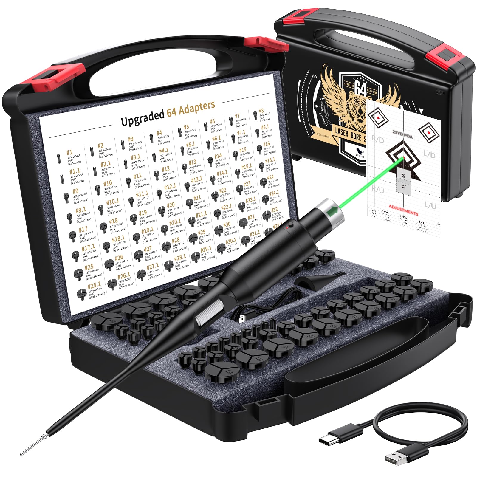 Green Laser Bore Sight Training Cartridge 2-in-1 Kit with 64 Adapters