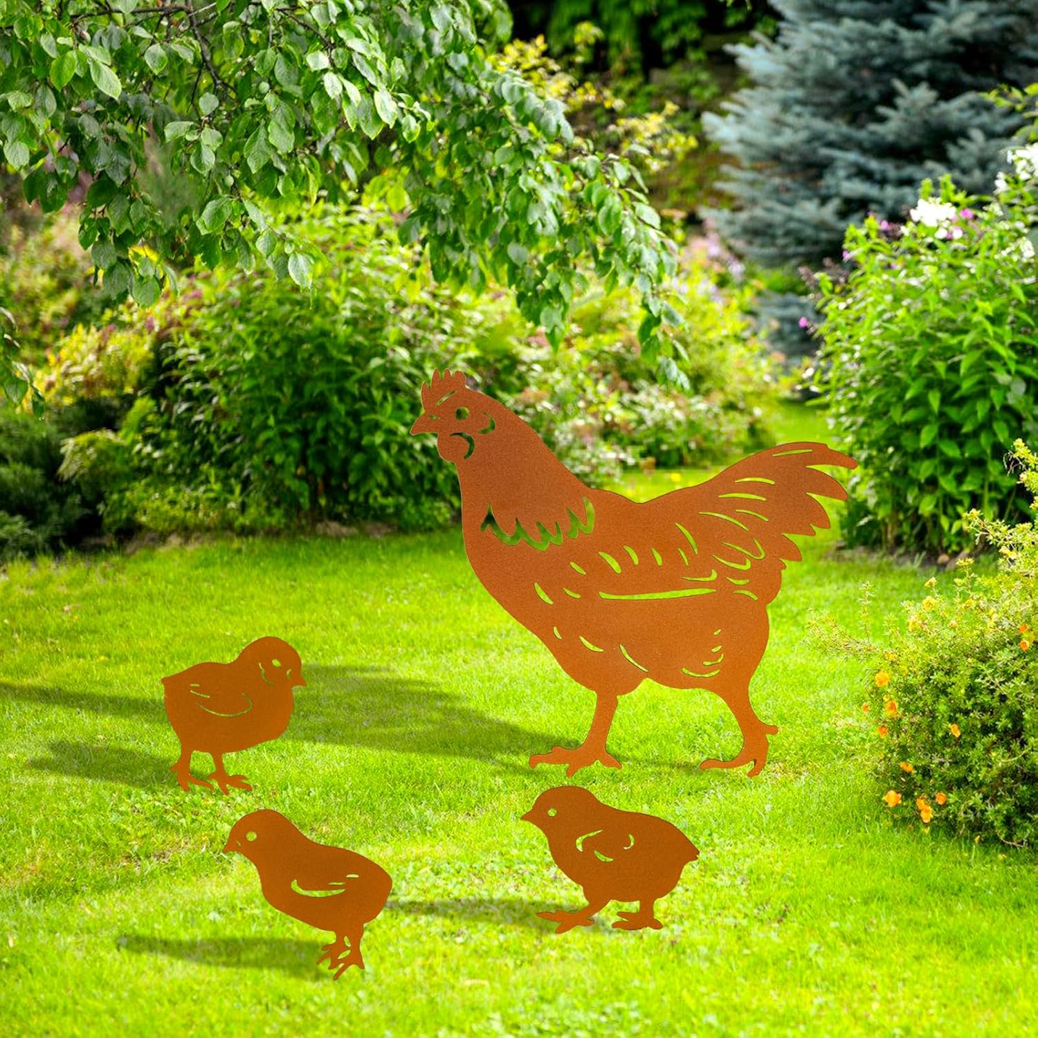 TT & MM Chicken Gifts for Women/Men,Chicken Metal Decorative 4 Pcs Garden Stakes,Hen/Chicks Silhouette Statues for Yard Art,Backyard,Patio,Lawn Ornaments,Outdoor Decor