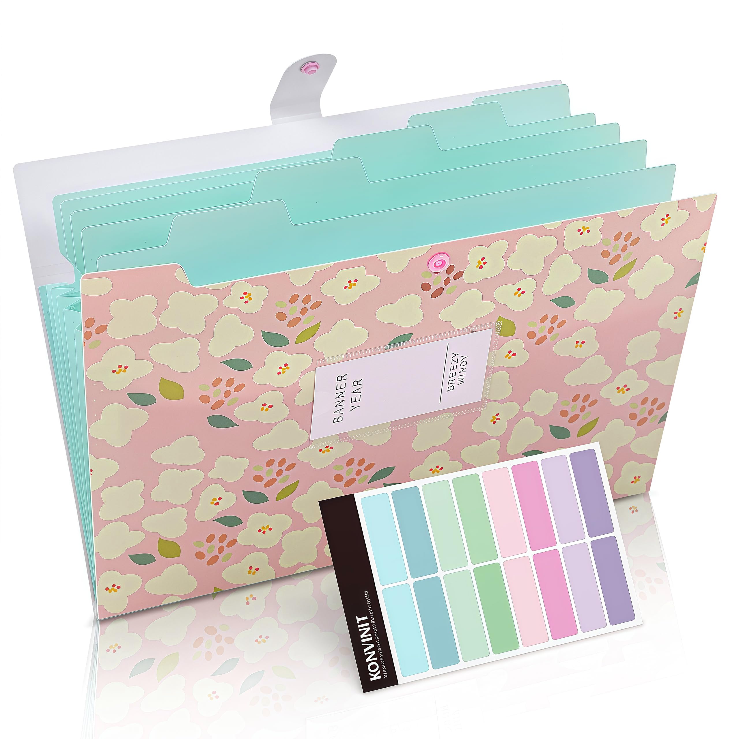 KONVINIT 2 Pack Expanding File Organiser A4 Expanding File Folder with 5 Pockets Floral Printed High Capacity Document Organiser with Snap Button for Classroom Home Office Blue&Pink - Image 3