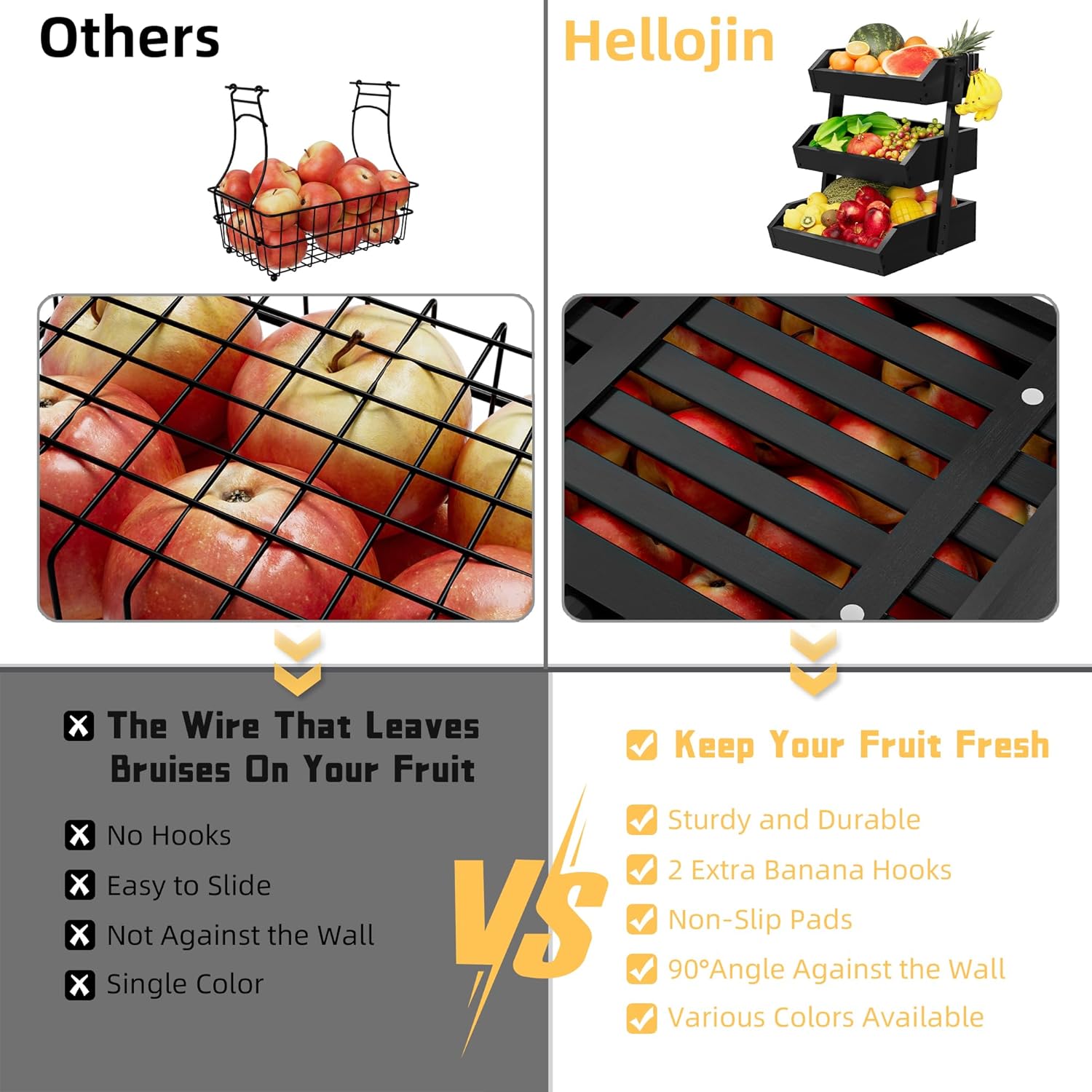 Bamboo 3 Tier Fruit Basket For Counter, Large Capacity Fruit Storage Countertop, Fruit Holder, Wooden Pantry Organizers and Storage, Kitchen Countertop Organizer With Two Banana Hangers (Black) - Image 4