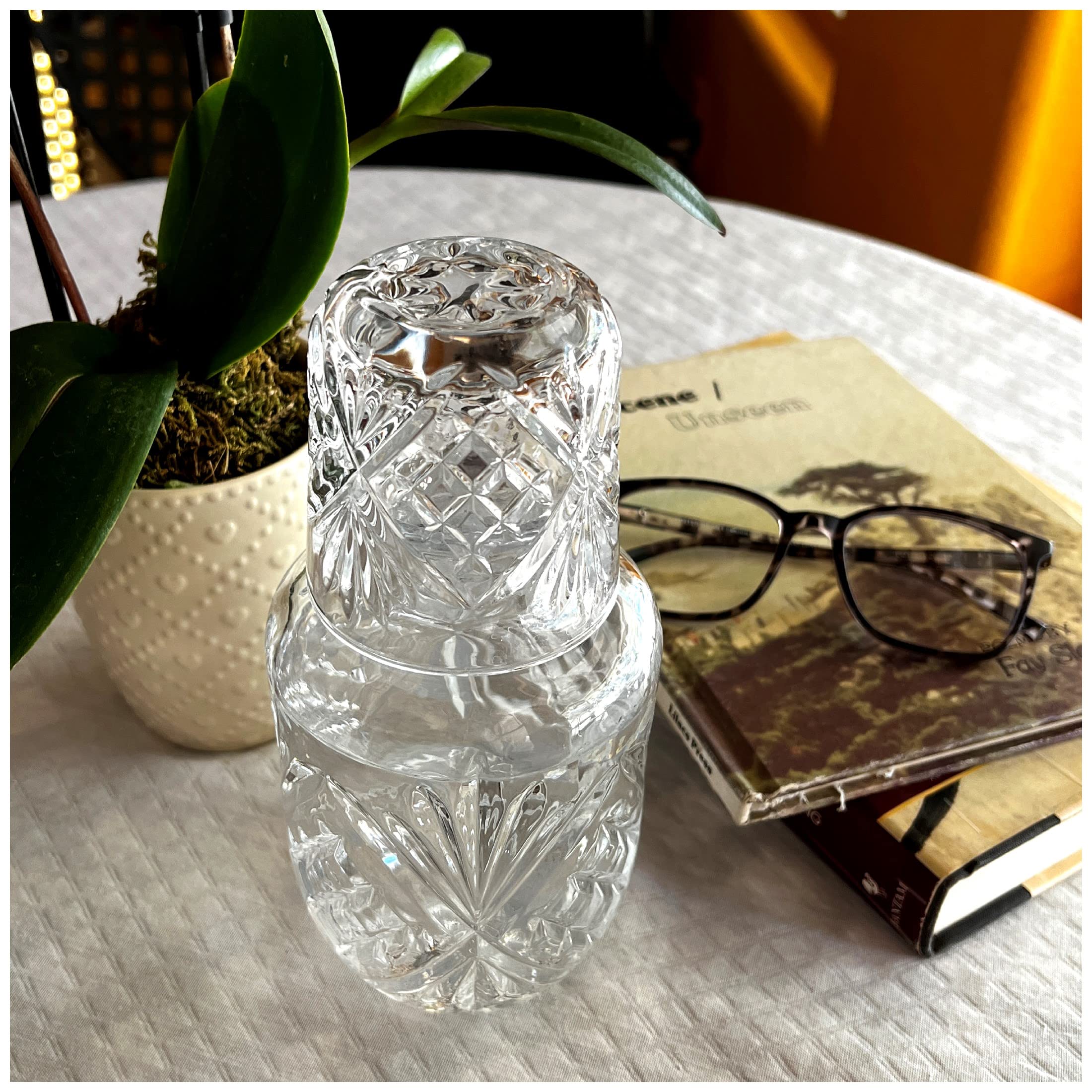 Jarra de agua para mesita de noche con taza de cristal, jarra transparente y vasos de cristal, perfecta para mesita de noche o dormitorio de invitados
