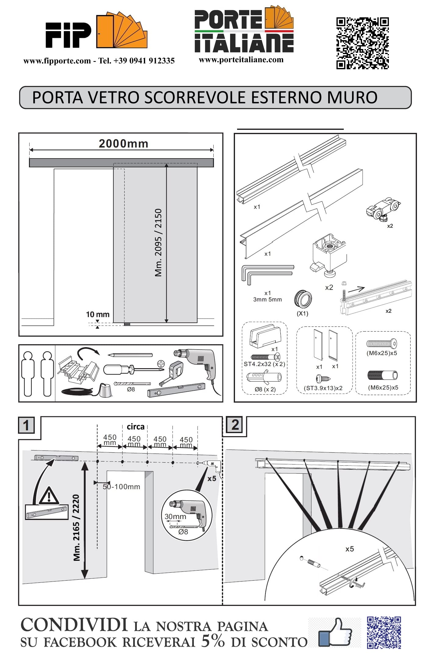BINARIO KIT PER PORTA SCORREVOLE portata KG.80 (cm. 200)