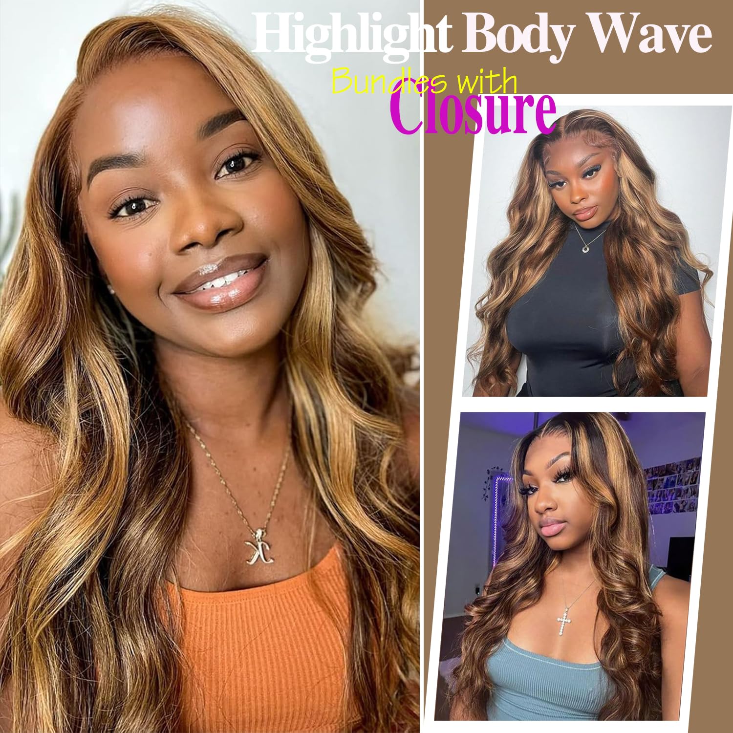 Brown to Honey Blonde Ombre Body Wave Human Hair Bundles with 4x4 HD Lace Closure 12A Grade Brazilian Virgin Hair Free Part Sew-In Weave 20 22 24+20inch