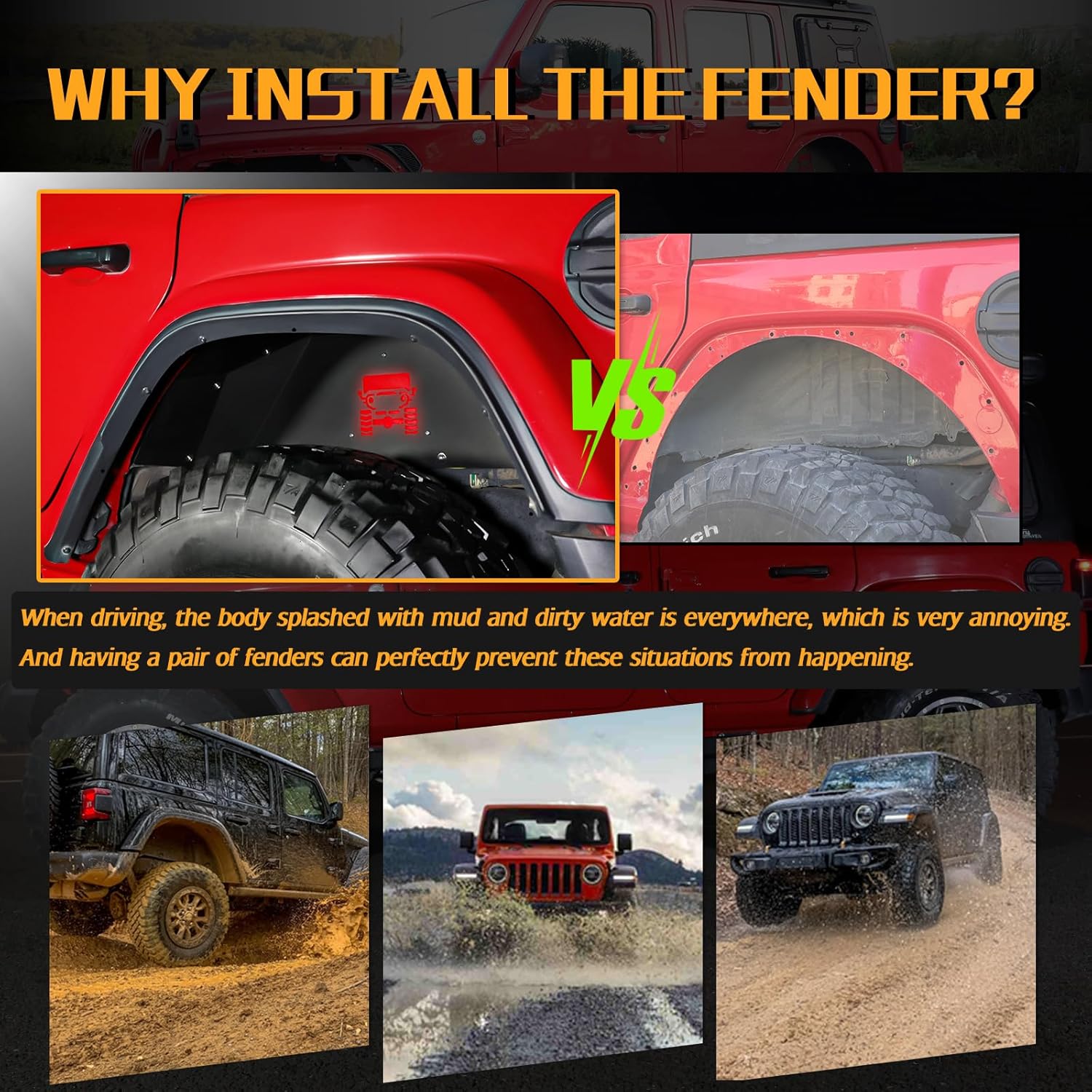 JROAD Inner Fender Rear Fender Liners Compatible with Jeep Wrangler JL Aluminum,with 4 LED Lights for 2018-2022 Jeep Wrangler JL(No fit 2020-2022 Gladiator JT)