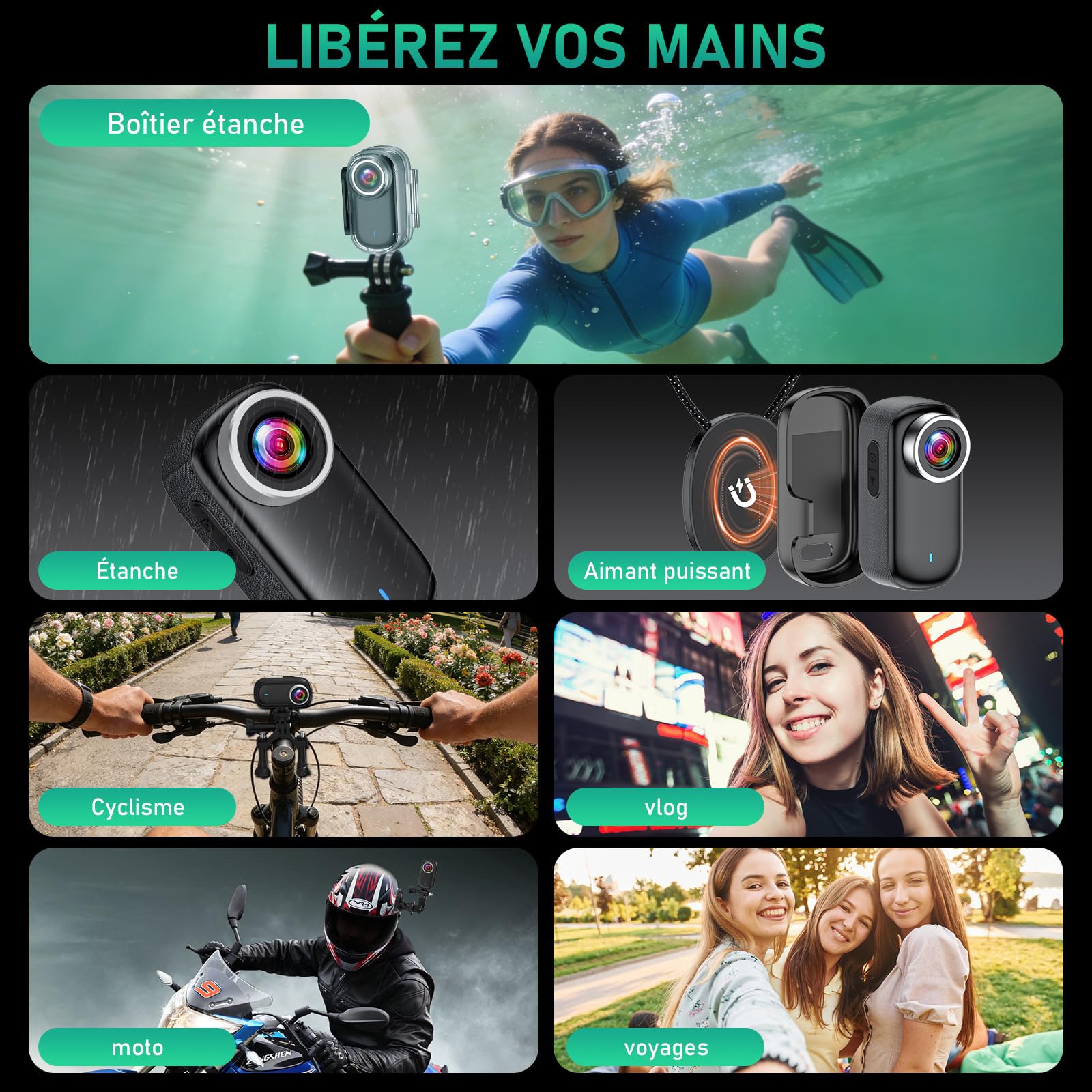 Caméra d'action WiFi 4K Étanche Minicaméra d'action pour Casque, Caméra de Sport WiFi 150° avec Écran 1,47 Pouces et Aimant, Petite Caméra Embarquée pour Moto, Vélo et Vlog de Voyage