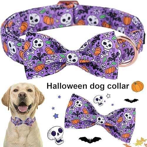 Miniatura 2 de ARING PET Collar de Halloween para perro, lindo collar de calabaza para perro, pajarita, algodón morado calavera murciélago collares de perro