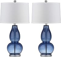 SAFAVIEH Mercurio Blue Glass Double Gourd Table Lamps Set of 2 - 29" Bedroom Living Room Nightstand Lamps with LED Bulbs & Chrome Accents