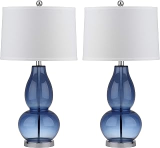 SAFAVIEH Mercurio Blue Glass Double Gourd Table Lamps Set of 2 - 29" Bedroom Living Room Nightstand Lamps with LED Bulbs & Chrome Accents