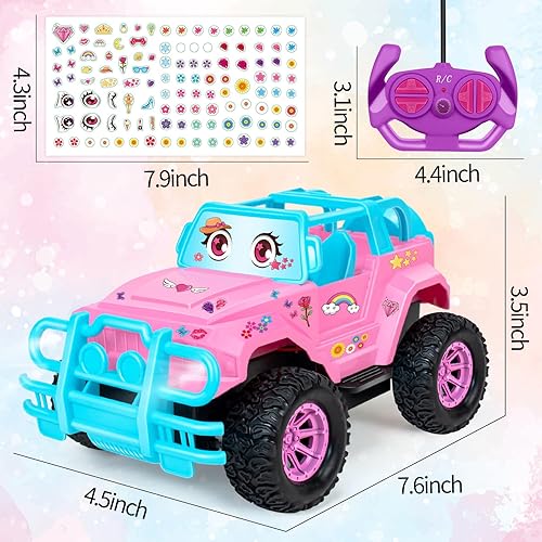 Miniatura 5 de Auto de control remoto de púas rosadas, auto de camión RC con calcomanías de bricolaje para niños y niñas, cumpleaños, escala 120, camión RC
