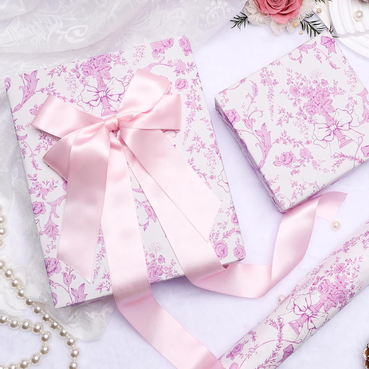 LaRibbons Pink Bow Floral Wrapping Paper Roll – 17 inch x 33 feet, Vintage Toile Stone Paper Design for Valentine's Day, Wedding, Baby Girl Shower, Bridal Shower - Image 4
