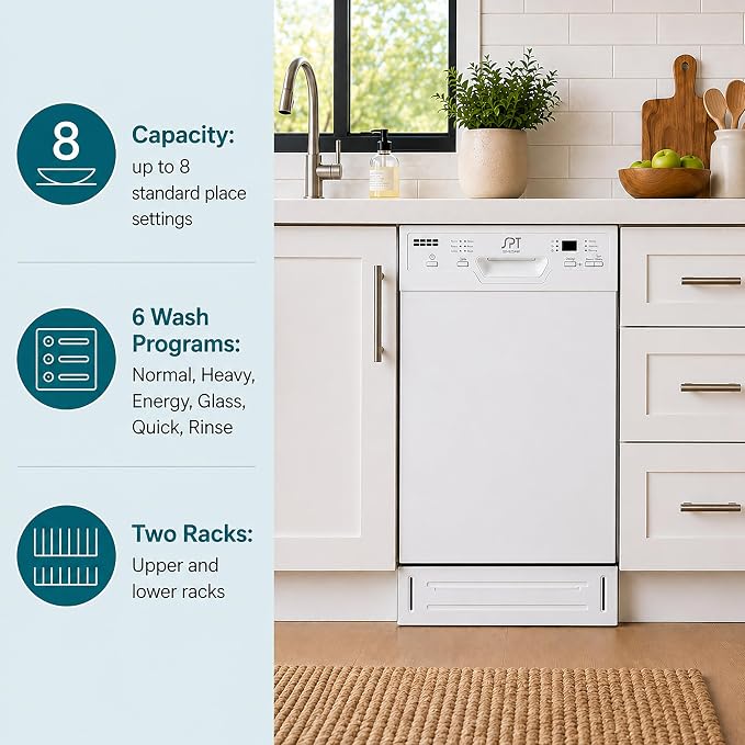 Lavavajillas empotrable SPT SD-9254WA de 18'' con función de secado con calor, ENERGY STAR, 6 programas de lavado, capacidad para 8 servicios y tina de acero inoxidable – Blanco miniatura 9