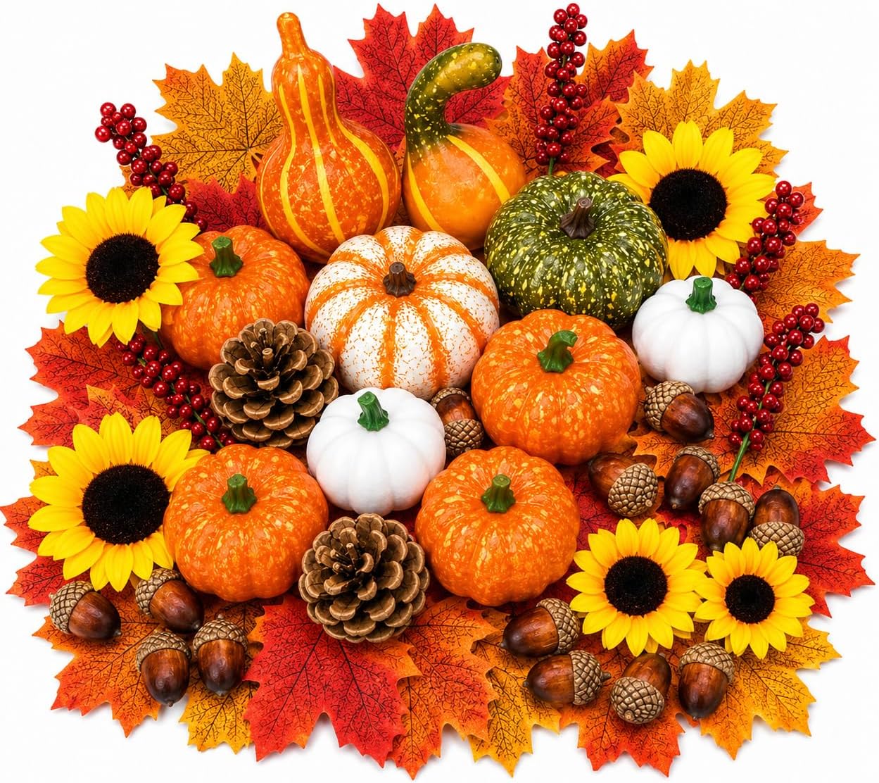 Artificial Fall Harvest Decor Set, 96 Piece Faux Pumpkins, Gourds, Sunflowers, Pinecones, Acorns, Berries and Maple Leaves for Thanksgiving, Halloween Table Centerpieces and Autumn Home Decor