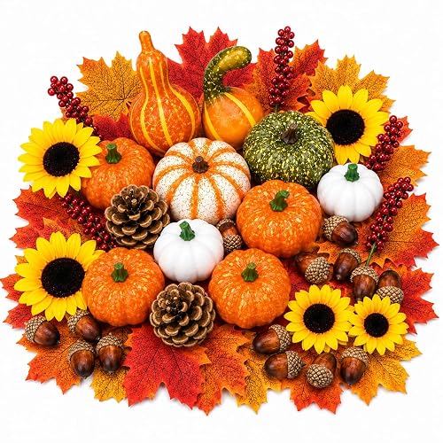 Paviro Artificial Fall Harvest Decor Set, 96 Piece Faux Pumpkins, Gourds, Sunflowers, Pinecones, Acorns, Berries and Maple Leaves for Thanksgiving, Halloween Table Centerpieces and Autumn Home Decor