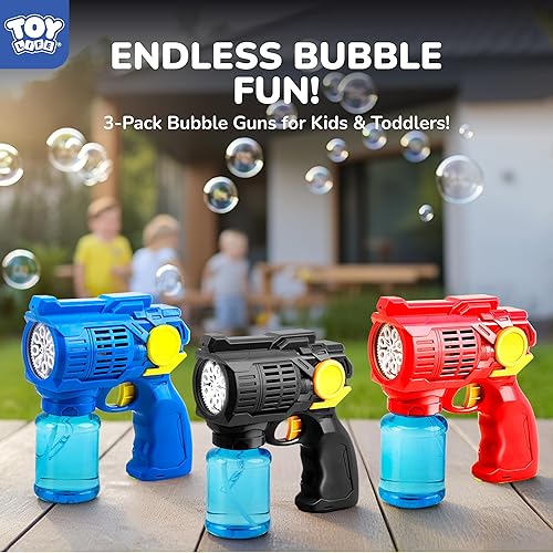 Miniatura 4 de TOY Life Paquete de 3 pistolas de burbujas para niños, juego al aire libre para niños, máquina de burbujas, burbujas para niños pequeños con