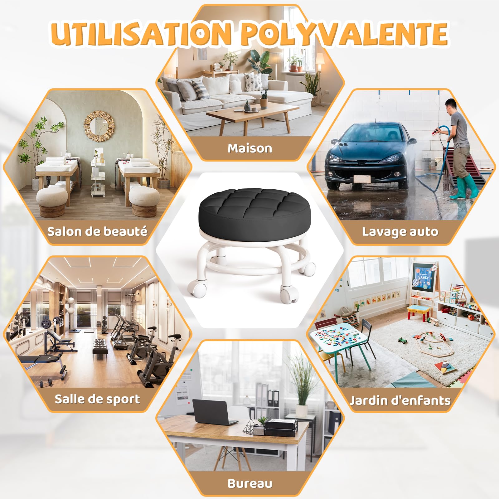 Qianly Tabouret de Siège à Roulettes Bas, Rotation 360°, Coussin Ergonomique, Mini Tabouret Mobile, Noir