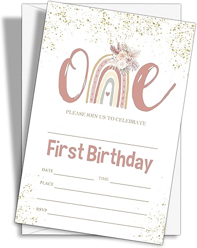HBYQK-B50 - Invitaciones de fiesta de primer cumpleaños con arcoíris bohemio, 20 unidades, con purpurina dorada, para fiesta de cumpleaños