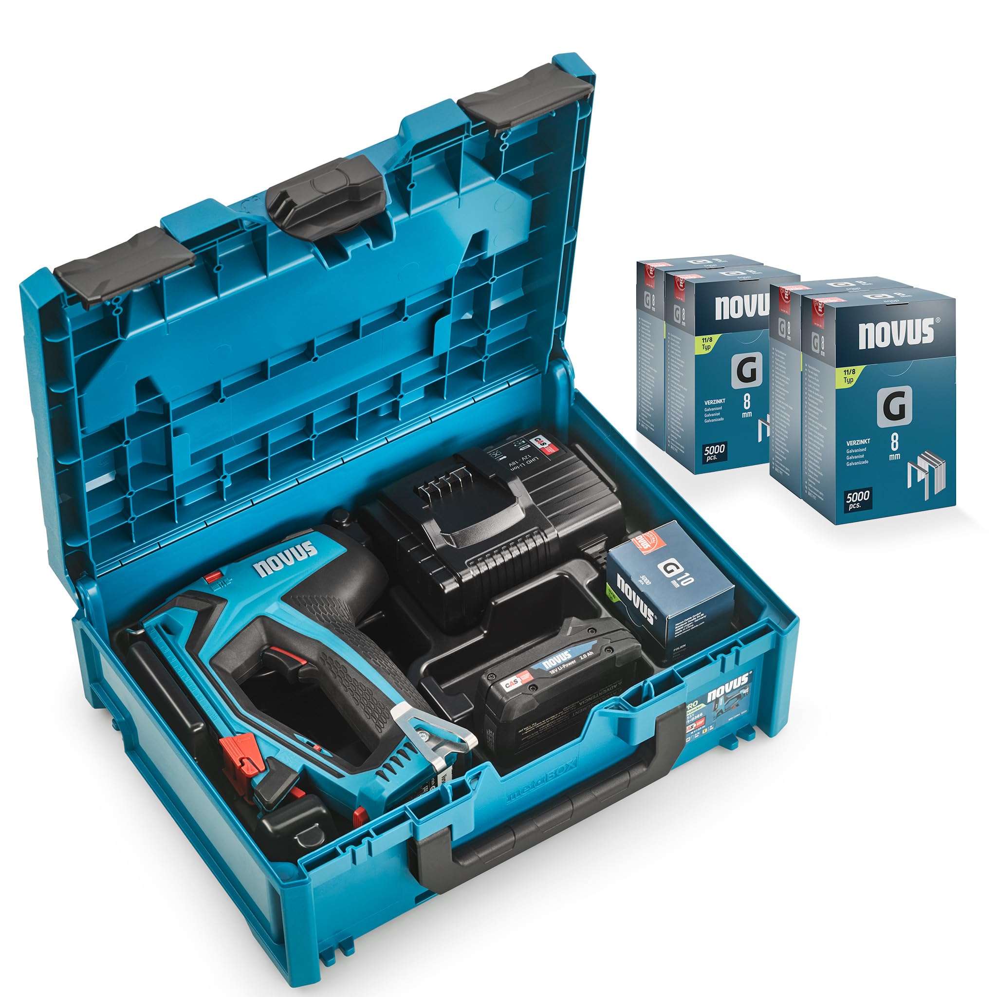 Novus Tools J-551 metaBOX, agrafeuse sans fil professionnelle, 25 000 agrafes, batterie CAS 18V