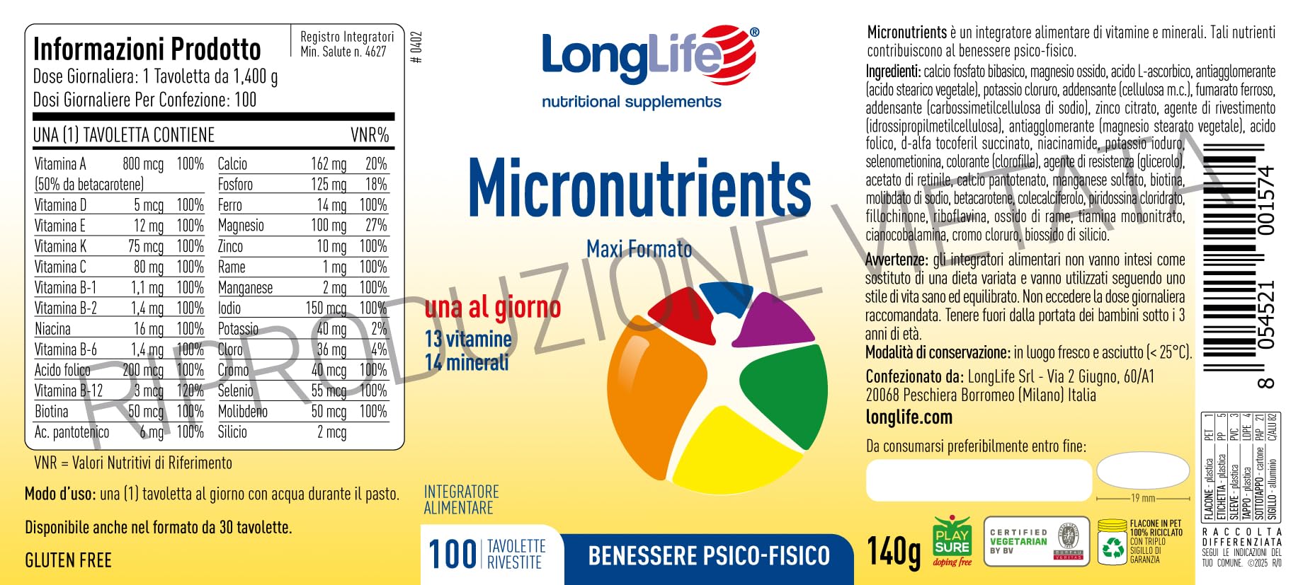 LongLife® Micronutrients 100 tav | Multivitaminico | Alto dosaggio | Benessere psicofisico | Sostegno immunitario, psicologico, muscolare | 100 giorni di trattamento | Vegetariano e senza glutine