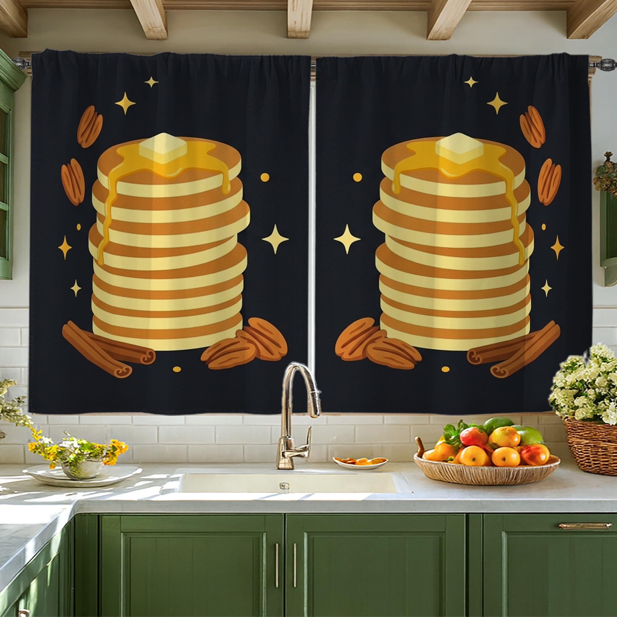 Rideaux de cuisine motifs crêpes noir décoration fenêtre 106x114