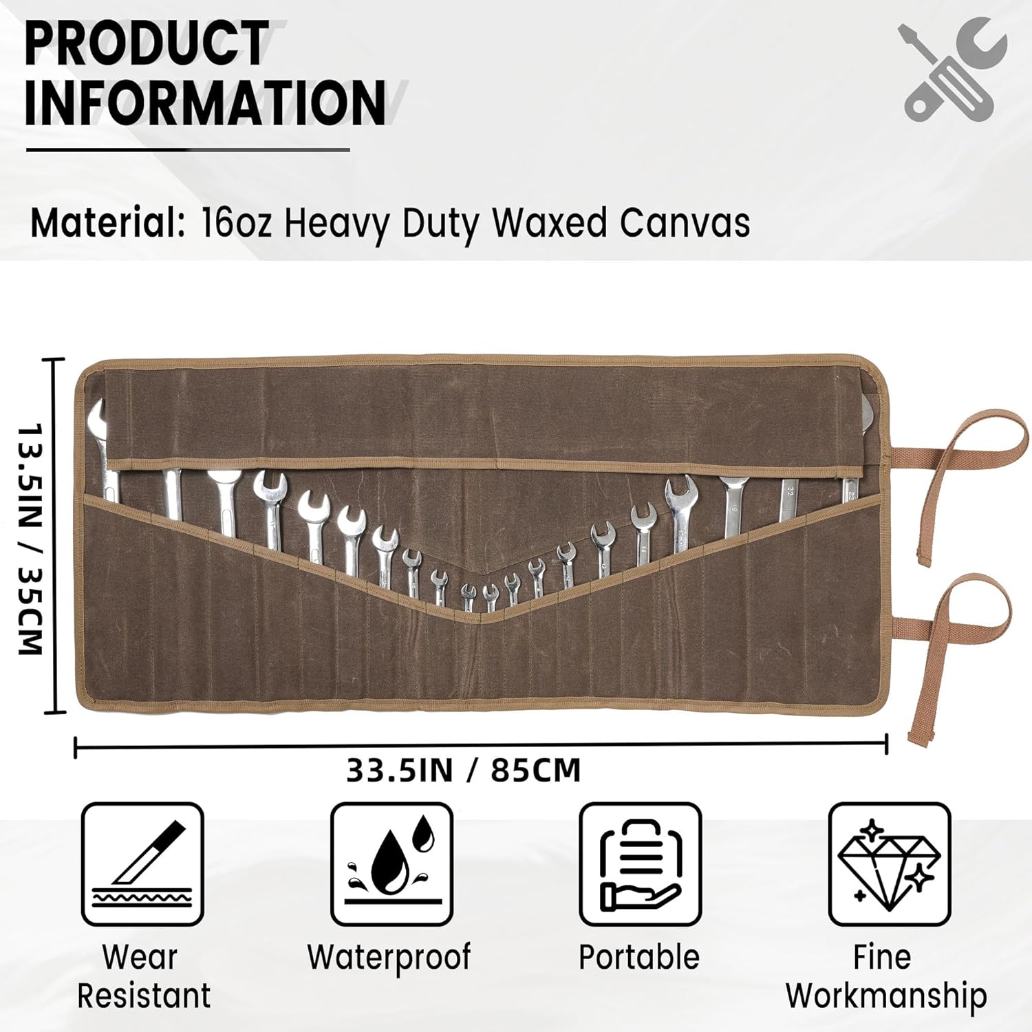 Tool Roll, Wrench Organizer Roll Up Tool Bag & Heavy Duty 16 OZ Waxed Canvas Tool Roll with 24 Pockets (33.5 X 13.5 IN | Grey)
