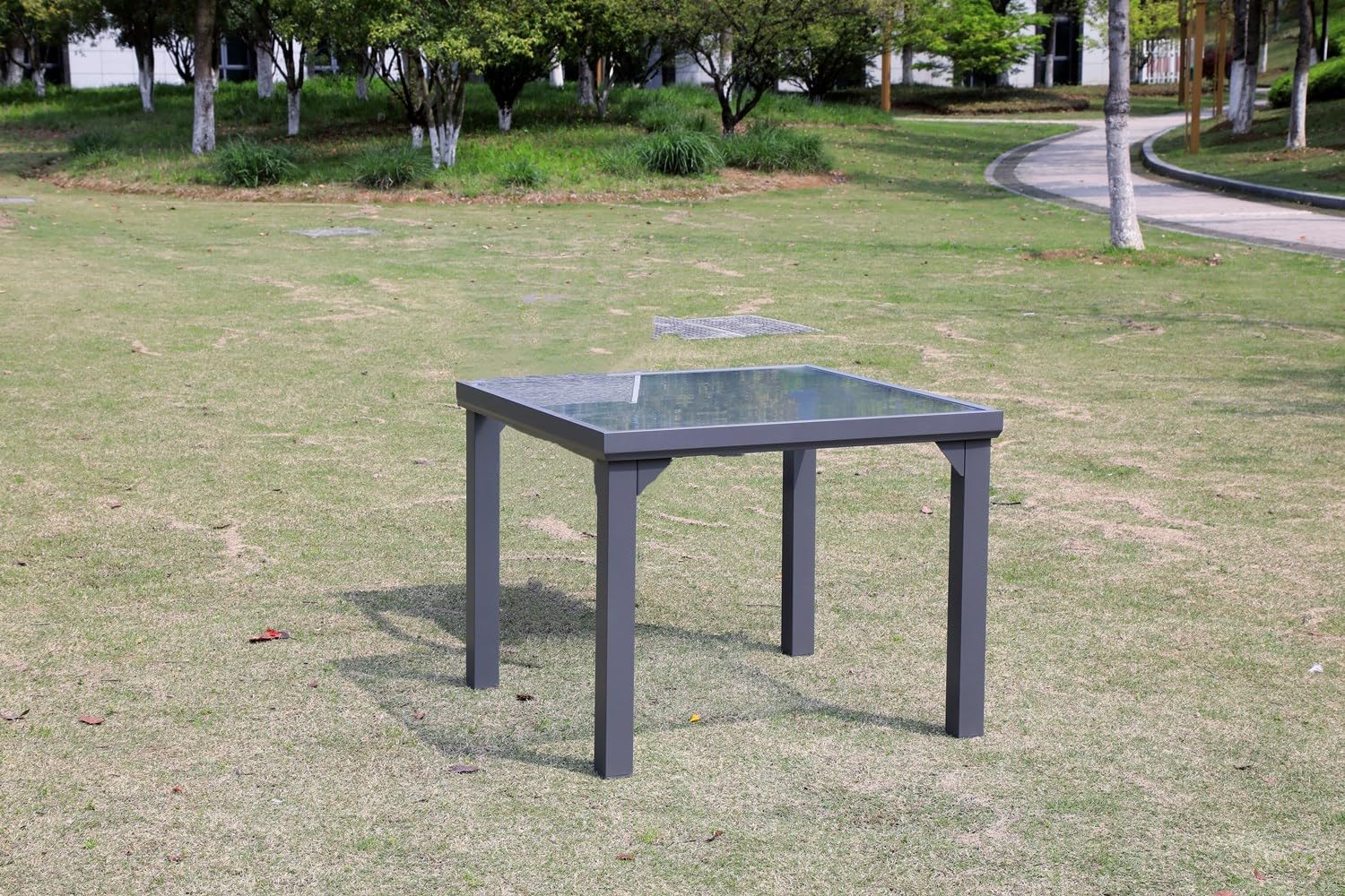 FLZOSPER 35.4’’（90cm） Patio Dining Table Metal Outdoor Table for 4 Person Lawn Garden Bistro Square Table, Tempered Glass on Top