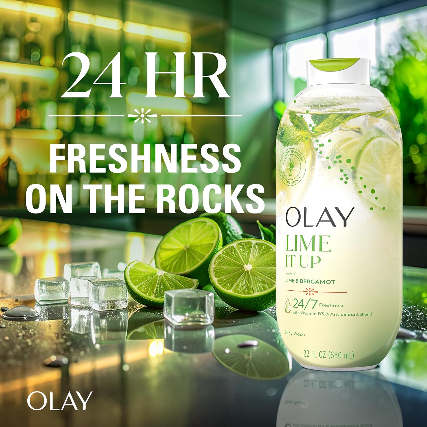 Olay Body Wash for Women, 24/7 Skin-Loving Freshness, Miami Mocktails, Plant Based Cleansers, Vitamin B3 & Antioxidant Blend, For All Skin Types, Lime It Up with Bergamot Scent, 22 fl oz image 2