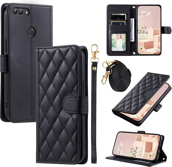 Funda de Cuero Compatible con Huawei Nova Lite 2, Funda de Tapa con Ranura para Tarjeta Compatible con Huawei P Smart FIG-LX1 FIG-LX2 FIG-LX3 FIG-LA1 / Enjoy 7S FIG-TL10 FIG-AL00 Negro