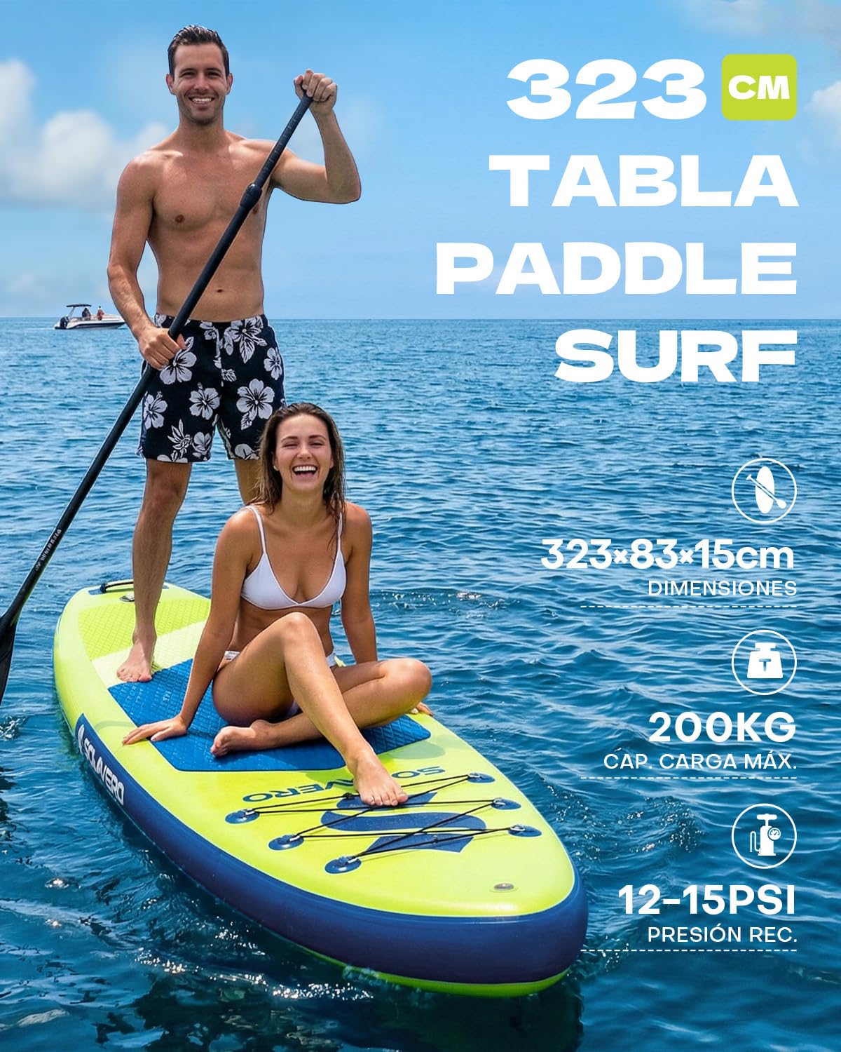 SOLAVERO Tabla Paddle Surf Hinchable, 323 x 83 x 15 cm Sup con Antideslizante EVA Deck, Paleta Ajustable, Soporte para Cámara, Quillas, para Todos los Niveles de Habilidad, hasta 200 kg — view 3