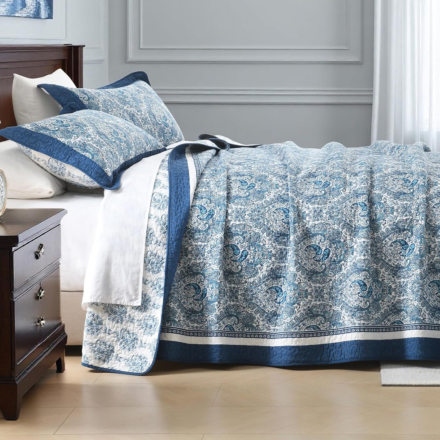 100% Cotton Quilt Set King Size - Paisley Quilted Comforter, Blue King Quilt Bedspread, Reversible Vintage Farmhouse Lightweight Bedding for King Bed, 3pcs