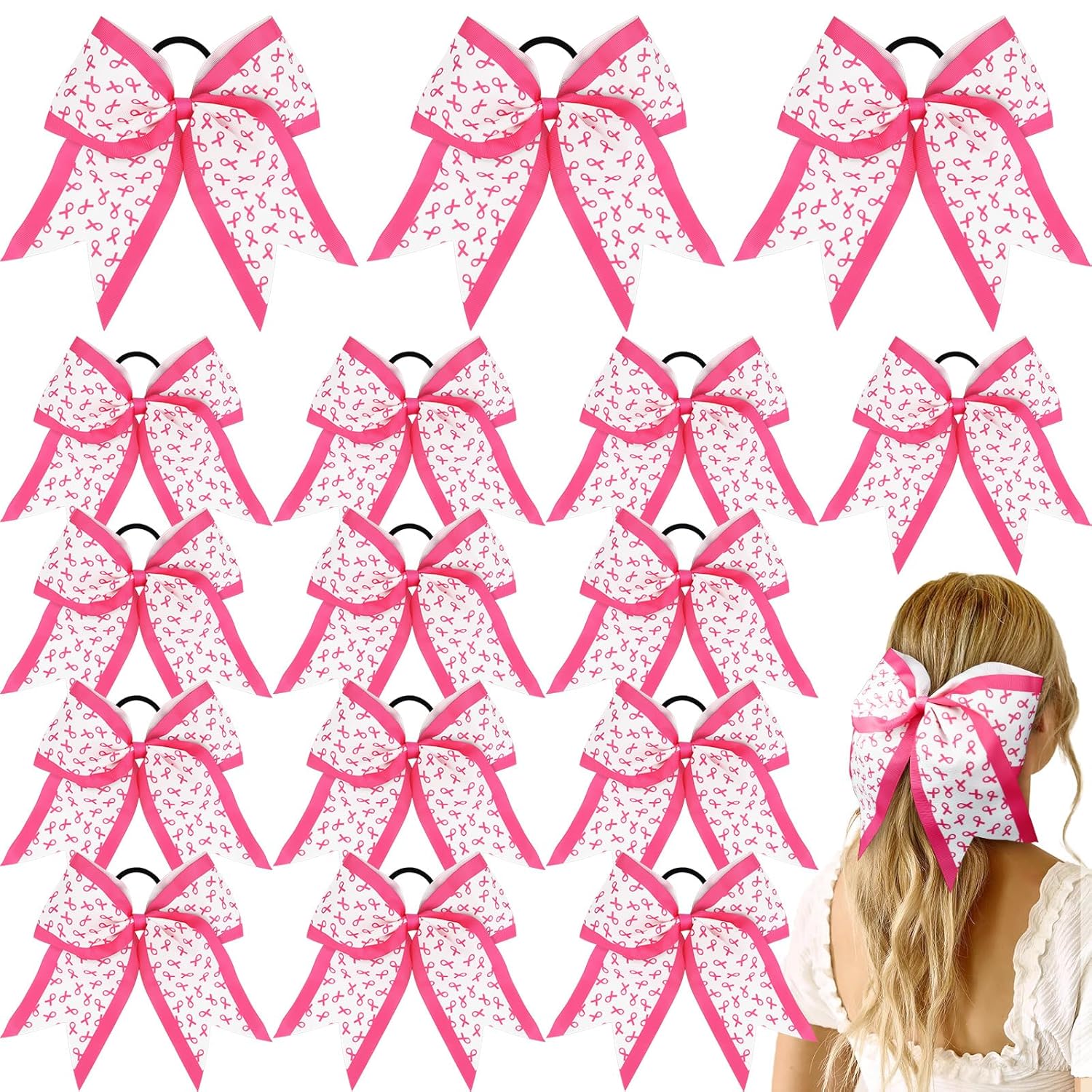 Giesiery 16 Pcs 8" Large Breast Cancer Awareness Cheer Bows Pink Ribbon Hair Bows Handmade Cheerleader Hair Tie Ponytail Holder for Teens Women College Sports