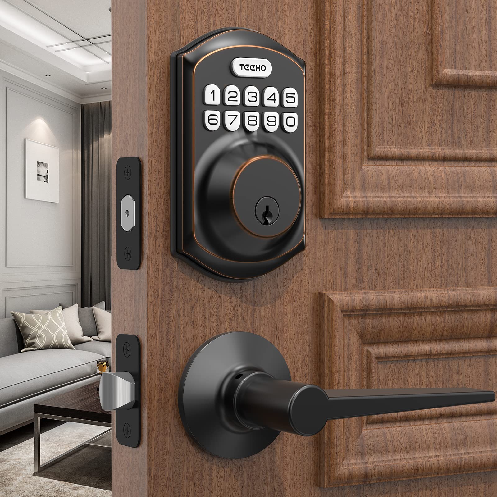 TEEHO Keyless Entry Door Lock with 2 Handles - Electronic Keypad Deadbolt with Door Lever, Smart Code Door Lock for Front Door Lock Set, Auto Lock, Easy Installation, Oil Rubbed Bronze