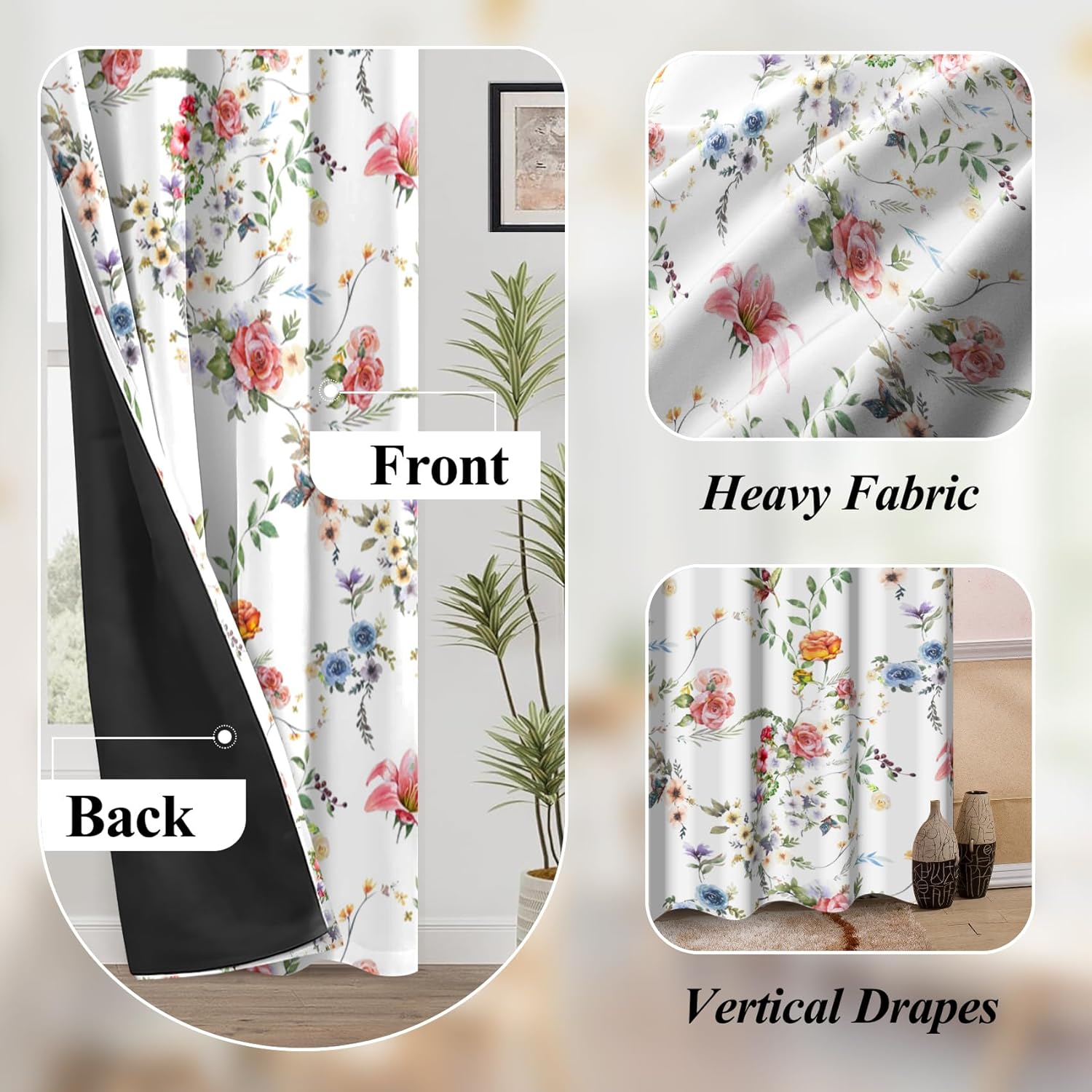 CSFOTO Spring Watercolor Flowers Blackout Curtains 2 Panels Colorful Plant Leaves Floral Pattern Bedroom Living Room Decoration Curtains Thermal Insulated Light Blocking, 42x63 Inches